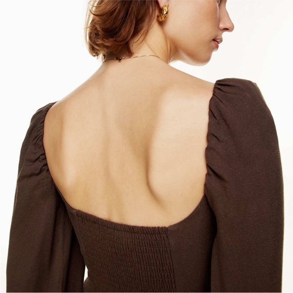 Aritzia Wilfred Novella Long Puff Sleeve Mini Dress Chocolate Mocha Brown size 4 - Picture 4 of 15